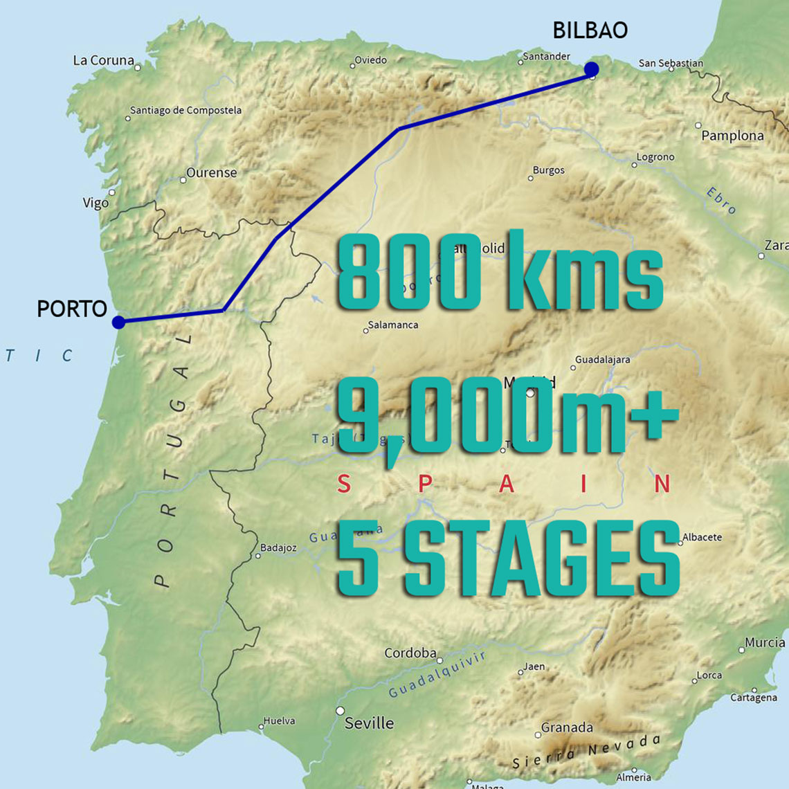 Map of route for 800km TRANS-IBERIAN Challenge